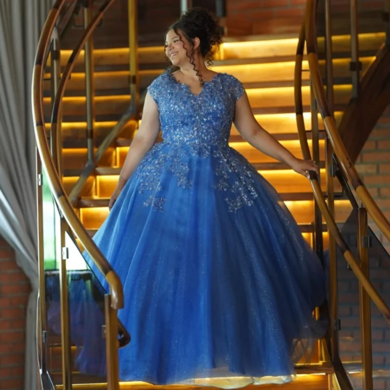 

Simple Blue Quinceanera Dress off-shoulder Crystal Glitter Decal Flower Long tail vestidos de 15 Quinceanera ﻿Customize