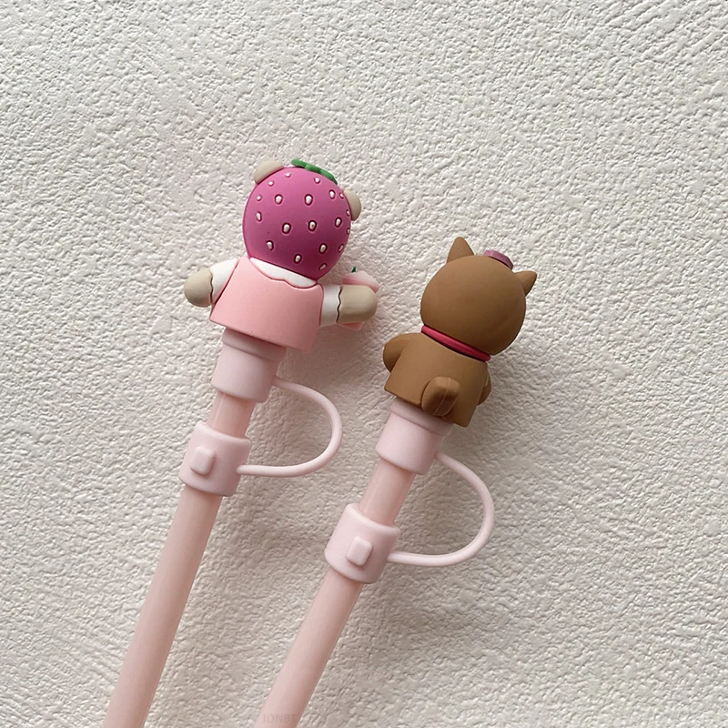 1PC Pink Strawberry Bear Silicone Straw Cap For 7-8mm Straw Water Cup Dust Plug Reusable Christmas Decoration Cup Accessories
