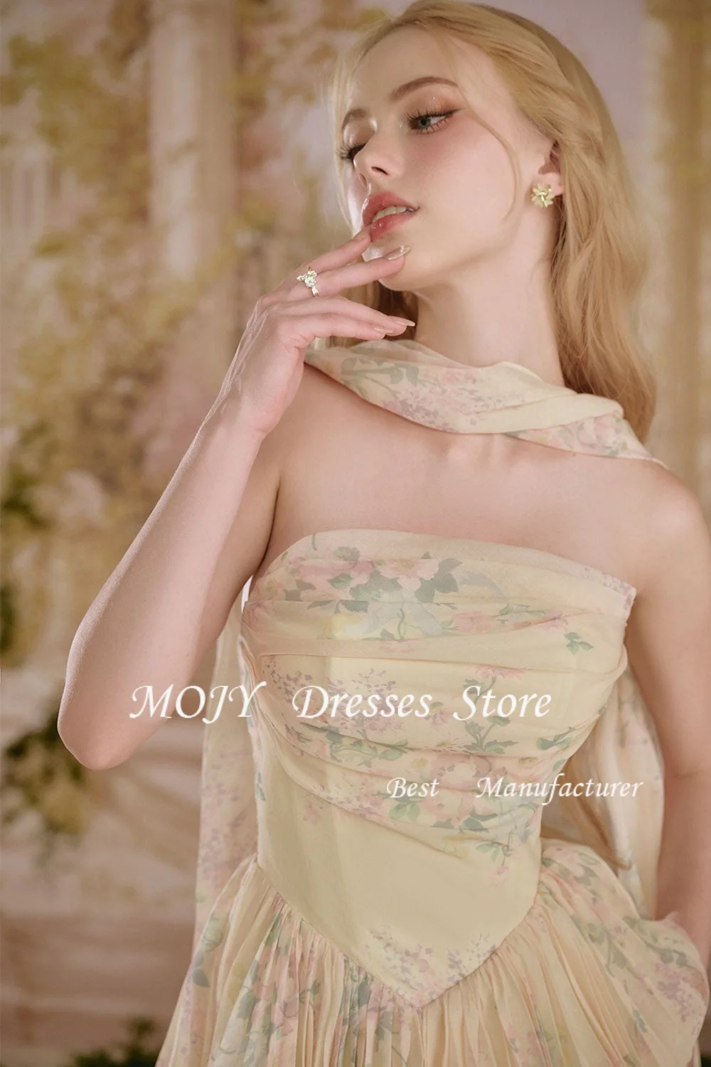 Mojy Prinzessin Creme A-Linie Druck Trägerlose Ballkleider Ärmelloser Schal Partykleider Formeller Abend Maßgeschneiderter Garten 2026