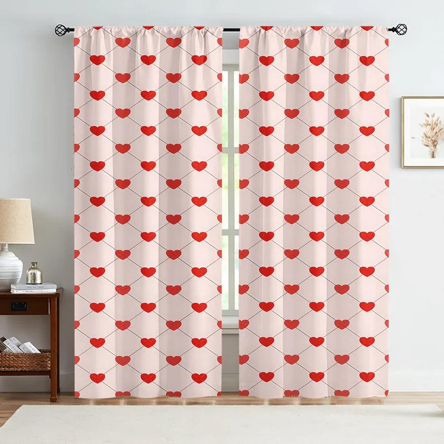 2PCS rice bottom grid red heart curtain, simple and sweet style, bedroom and living room, decoration, pull rod pocket decoration