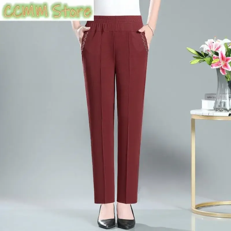 New Summer Ice Silk Mid Aged Casual Pants Women's Elastic High Waist Solid Print Pocket Korean Versatile Slim Straight Trousers