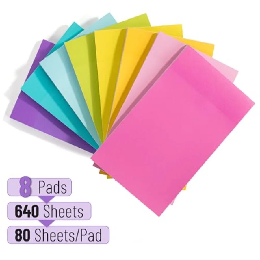 Sticky Notes 3x5, 8 Pads, 640 Sheets, Summer Colors, Paper, Self-Stick Note Pads for Office, School, Home, Study Organization