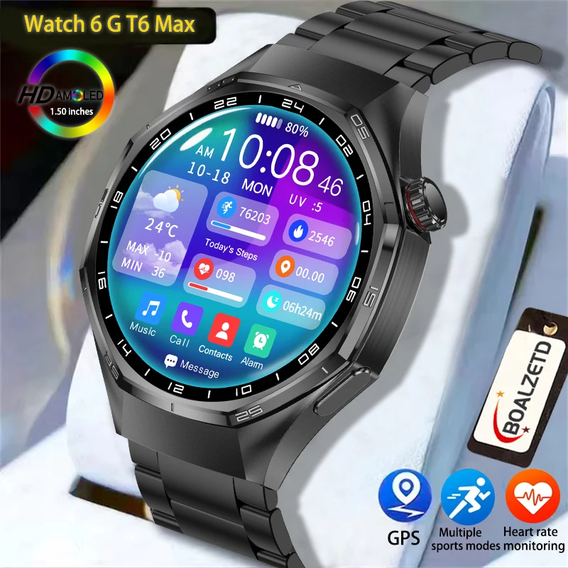 

2025 Мужские часы G T6 Max 1,50 дюйма AMOLED HD Экран BT Вызов GPS трек Монитор здоровья водонепроницаемые спортивные умные часы для Android IOS