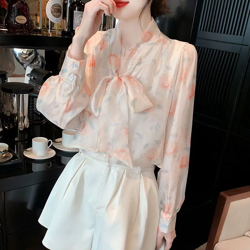 Long Sleeve Chiffon Ladies Printing Shirts Spring Autumn Thin Lacing Undercoat Tops 2024 New Elegant Office Lady Sweet Blouses