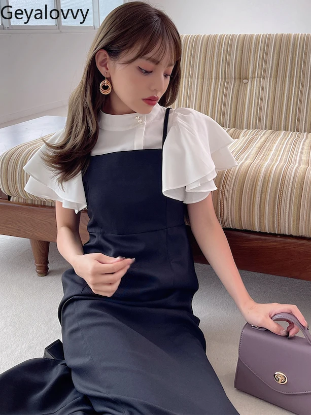 اليابانية 2025 صيف جديد الحلو بلون قميص الوقوف طوق قصيرة الأكمام بلوزة كشكش حافة زر اللؤلؤ قمة باردة