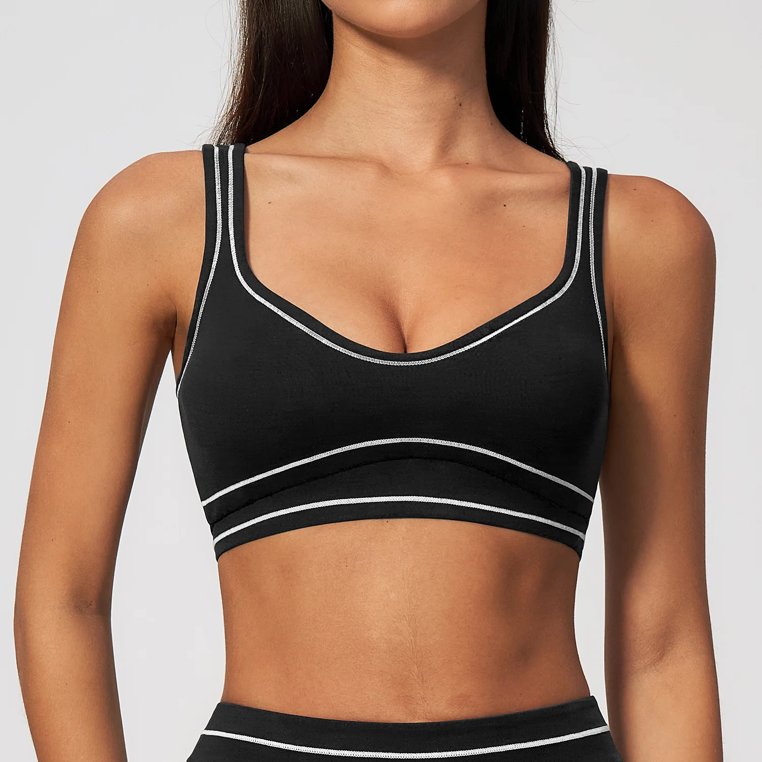 Farbblockierender Stoßdämpfender Lauf- und Yoga-BH für Damen mit Herausnehmbaren Brustpolstern, Raffung und Stoßschutz, Workout-Top, Sport-BH – Detail 12
