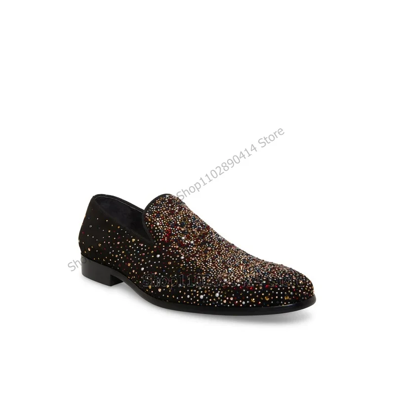 Colorful Rhinestone Decor Black Flock Loafers Fashion Slip On Men Shoes Luxurious Handmade Party Banquet Office Men Dress Shoes