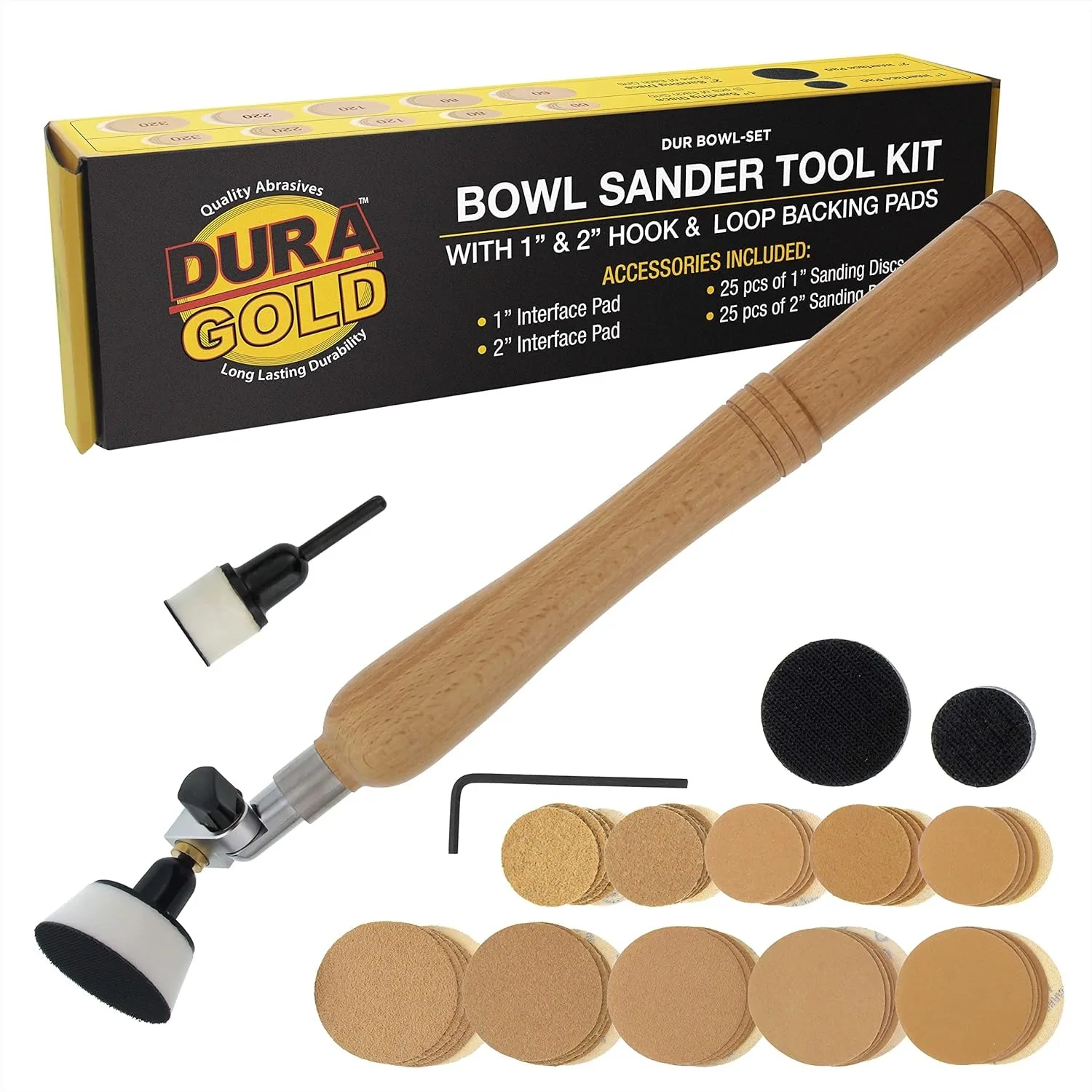 

Woodturning Bowl Sander Tool Kit - 1" & 2" Hook & Loop Pads, 50 Discs (60-320 Grit), Dual Bearing, Hardwood Handle, 1/4" Mandrel
