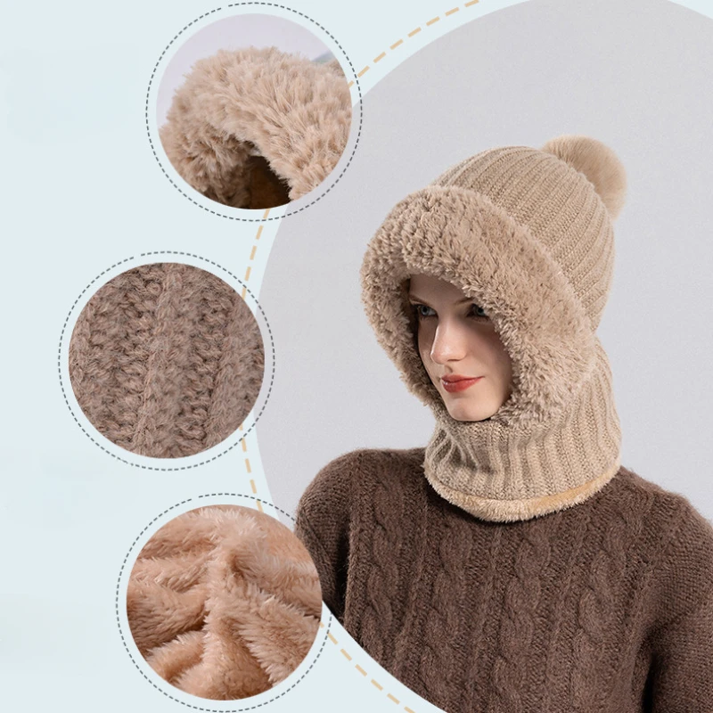 Women Hooded Cap Winter Velvet Knitted Woolen Balaclava Hat Ear Protection Fluffy Hat Lady Mask Neck Integrated Warmth Cover Hat