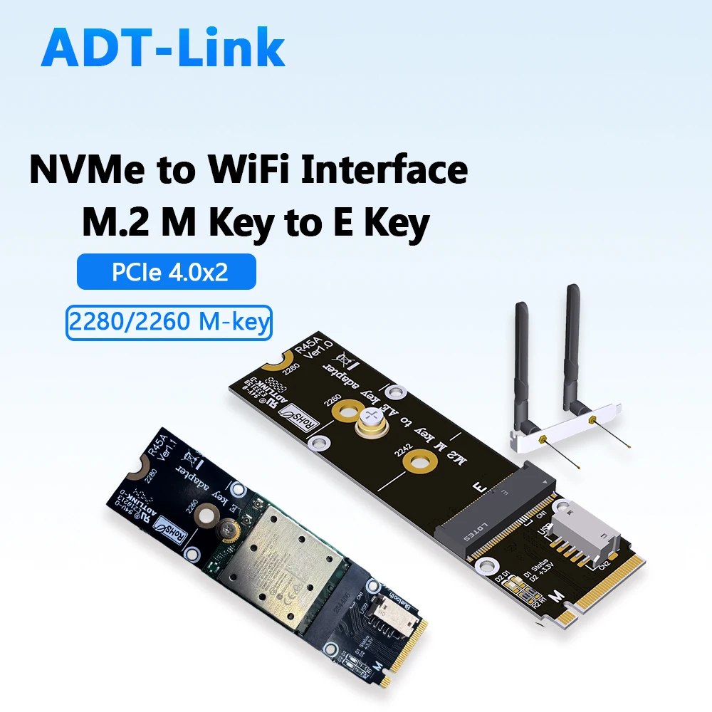 M.2 NVMe M Key 2280 to WiFi A E Key 2230 Adapter INTEL AX210 Wireless Riser Network Card PCI-E 4.0 x 2 (WiFi) USB 2.0 Bluetooth