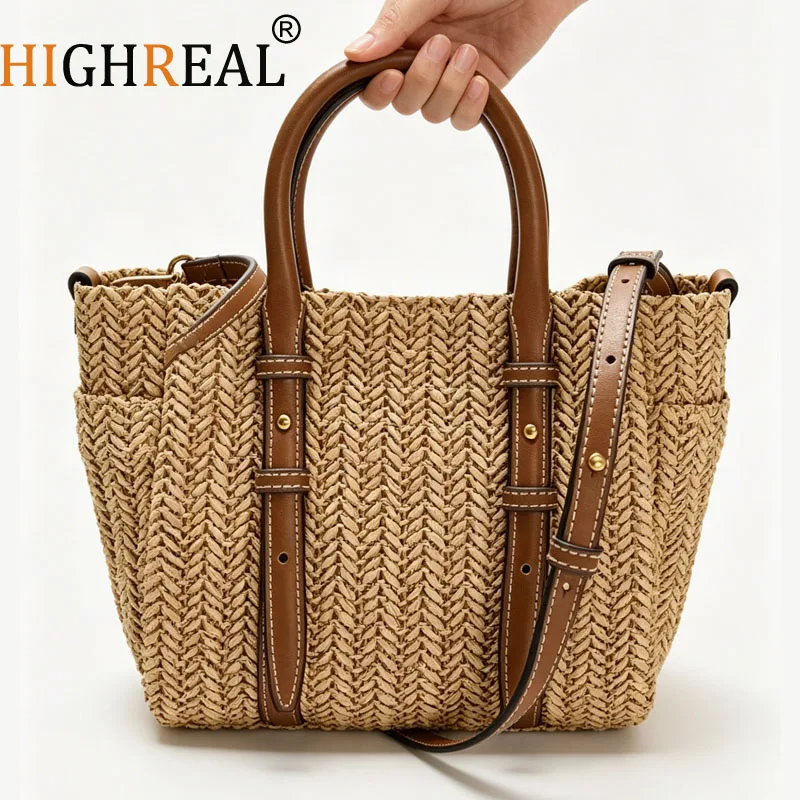 HIGHREAL New Bohemian Handwoven Rattan Tote Bag for Women Straw Beach Bag Purse Luxury Shoulder Bags Handbag Summer