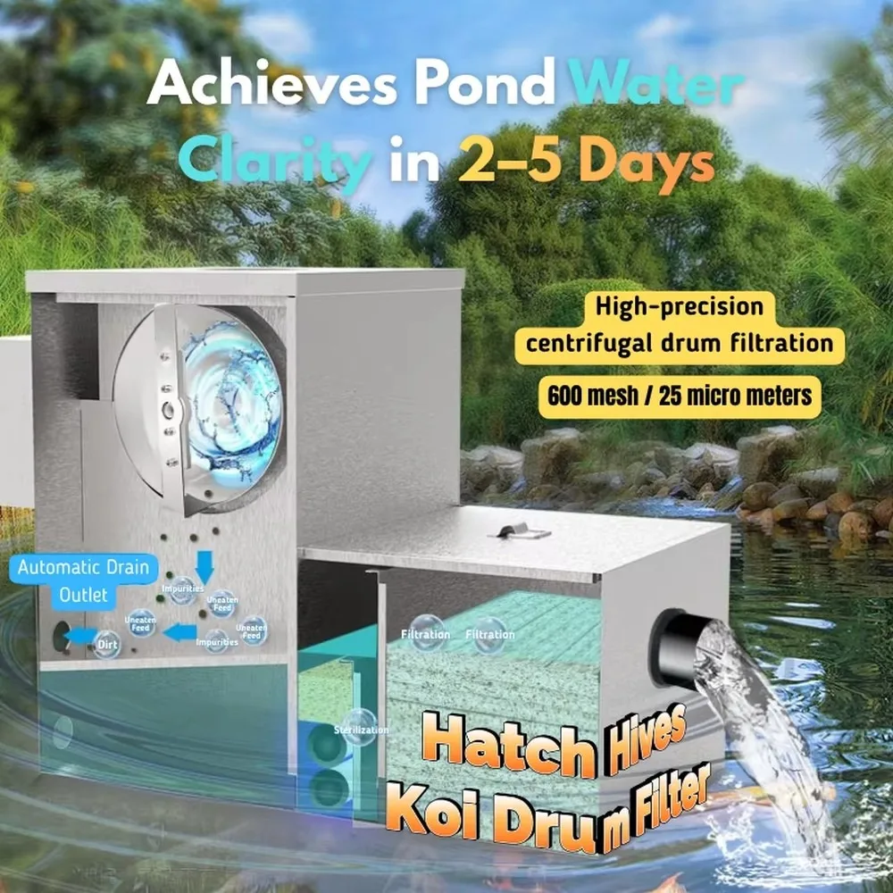 Koi Pond Drum Filter 304 Stainless Steel Centrifugal Micro Screen Wastewater Treatment 25 Micron Rotating Filtration