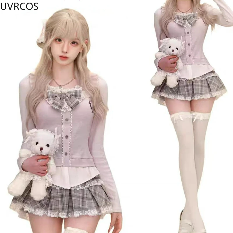 2024 Japan Kawaii Lolita 2 Piece Set Women Bow Slim Cardigan Gothic Cute A-line Plaid Mini Skirt Suit Preppy Style Sweet Uniform