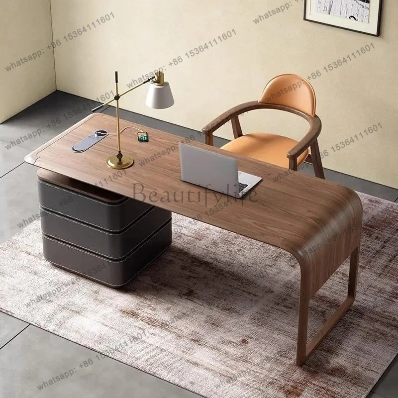 

Italian minimalist designer study desk premium walnut saddle leather writing desk