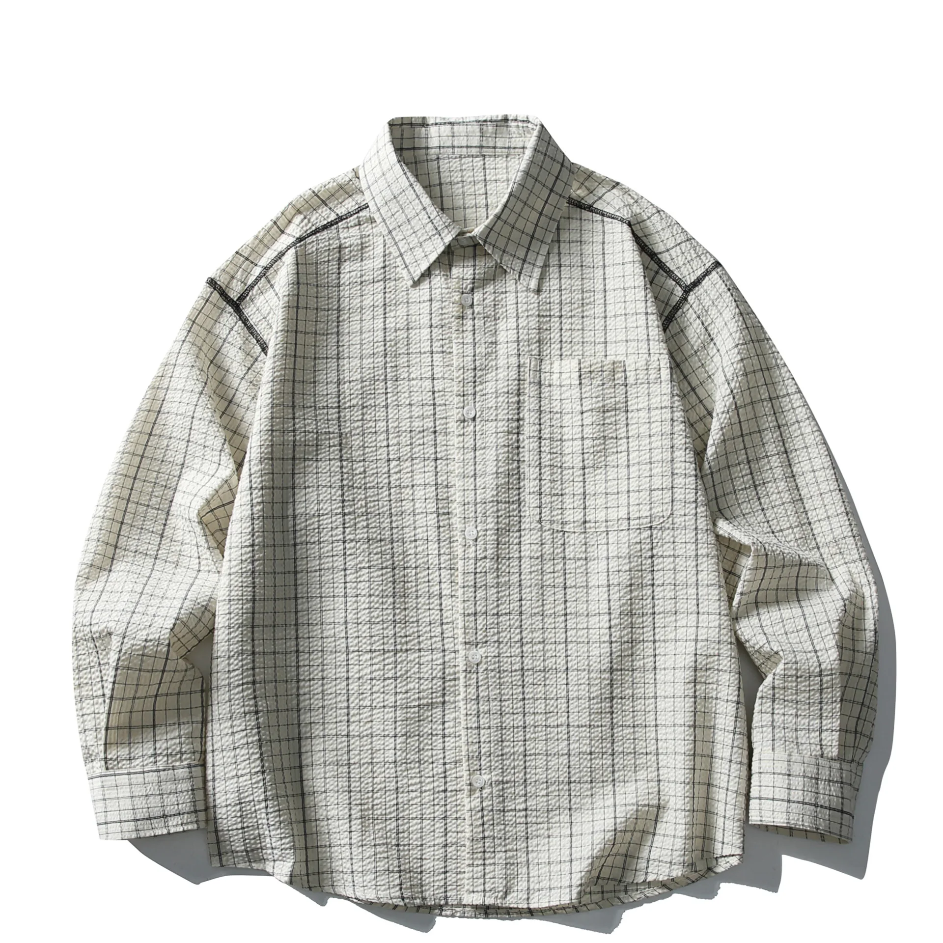 Japanese Commuter Plaid Seersucker Long-Sleeve Shirt Unisex Loose Textured Work Shirt Couple Casual Outerwear for Men