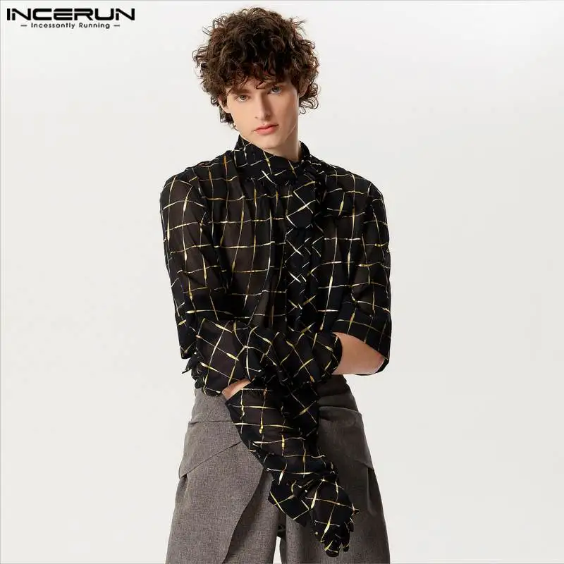 INCERUN Tops 2024 American Style Fashion Men\'s Checkered Mesh Thimble Design Shirts Casual Tie Collar Short Sleeved Blouse S-5XL