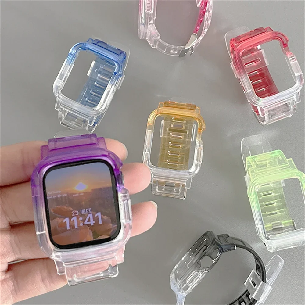 Korea Sport Transparant Band + Hoesje Voor Horloge 7 6 Se 5 4 3 2 Gradiënt Band Voor Iwatch Band 41Mm 45Mm 38Mm 42Mm 44Mm 40Mm