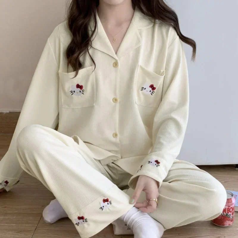 New Sanrio Hello Kitty loungewear pajamas, autumn pure cotton women's long-sleeved trousers loose cardigan women's pajamas