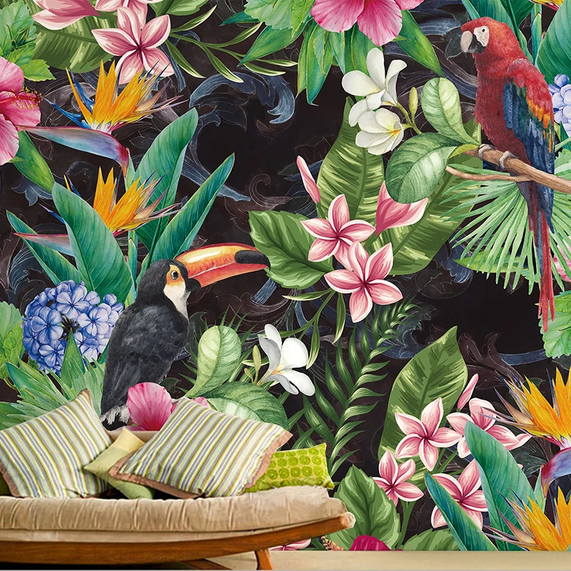 Customized products 3D Tropical Rain Forest Parrot Leaf Mural Wallpaper Living Room Restaurant Cafe Bar Backdrop Wall bedroom 8d