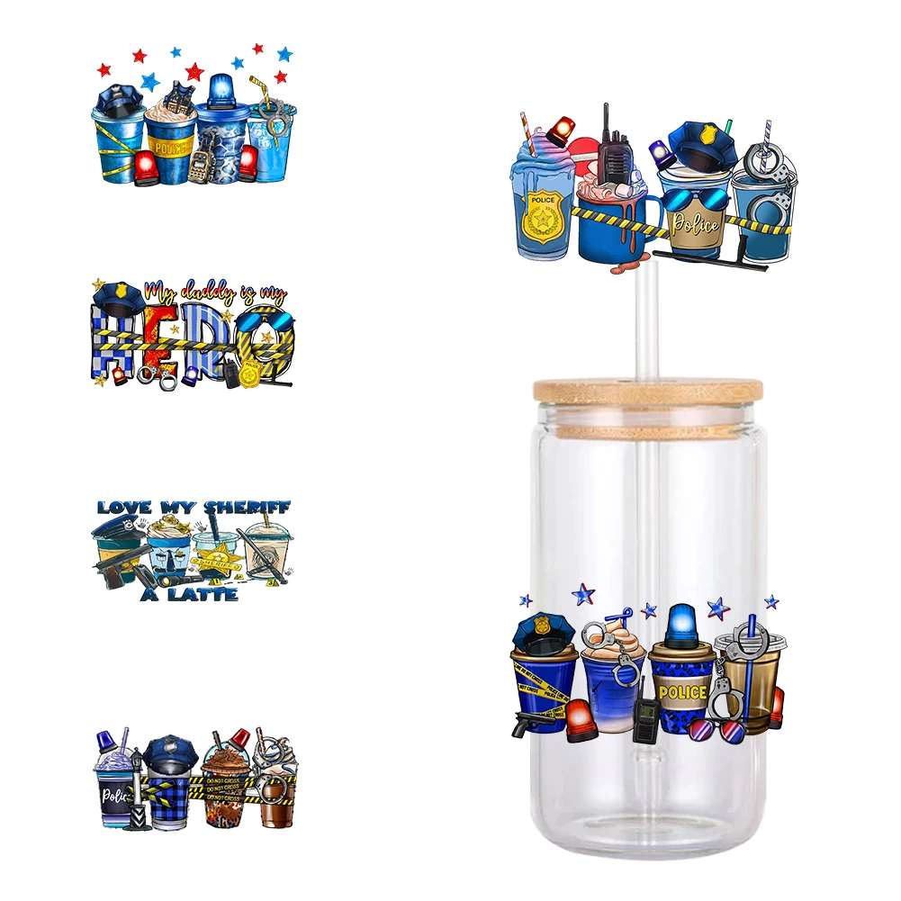 11x11cm primeiros responders policiais à prova d'água uv dtf copo envoltório para vidro libbey de 16oz pode adesivo de transferência diy