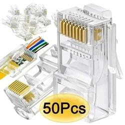 1-50pcs RJ45 Cat6 Pass Through Connector Cat 6/Cat5e RJ-45 Ends Gold Plated for Stranded UTP Network Cable Ethernet Modular Plug