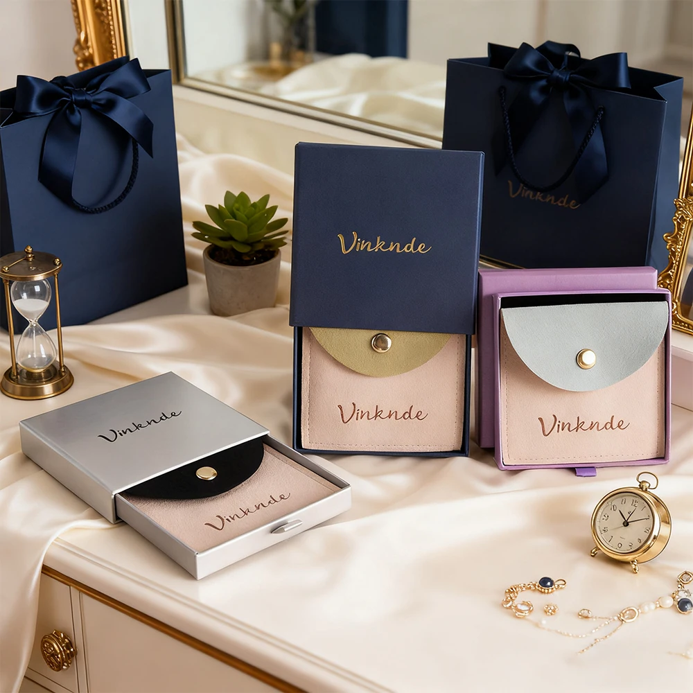 

Luxury Cardboard Drawer Jewelry Box Personalization Logo Jewellry Necklace Bracelet Ring Earrings Packaging Boes with Snap Pouch
