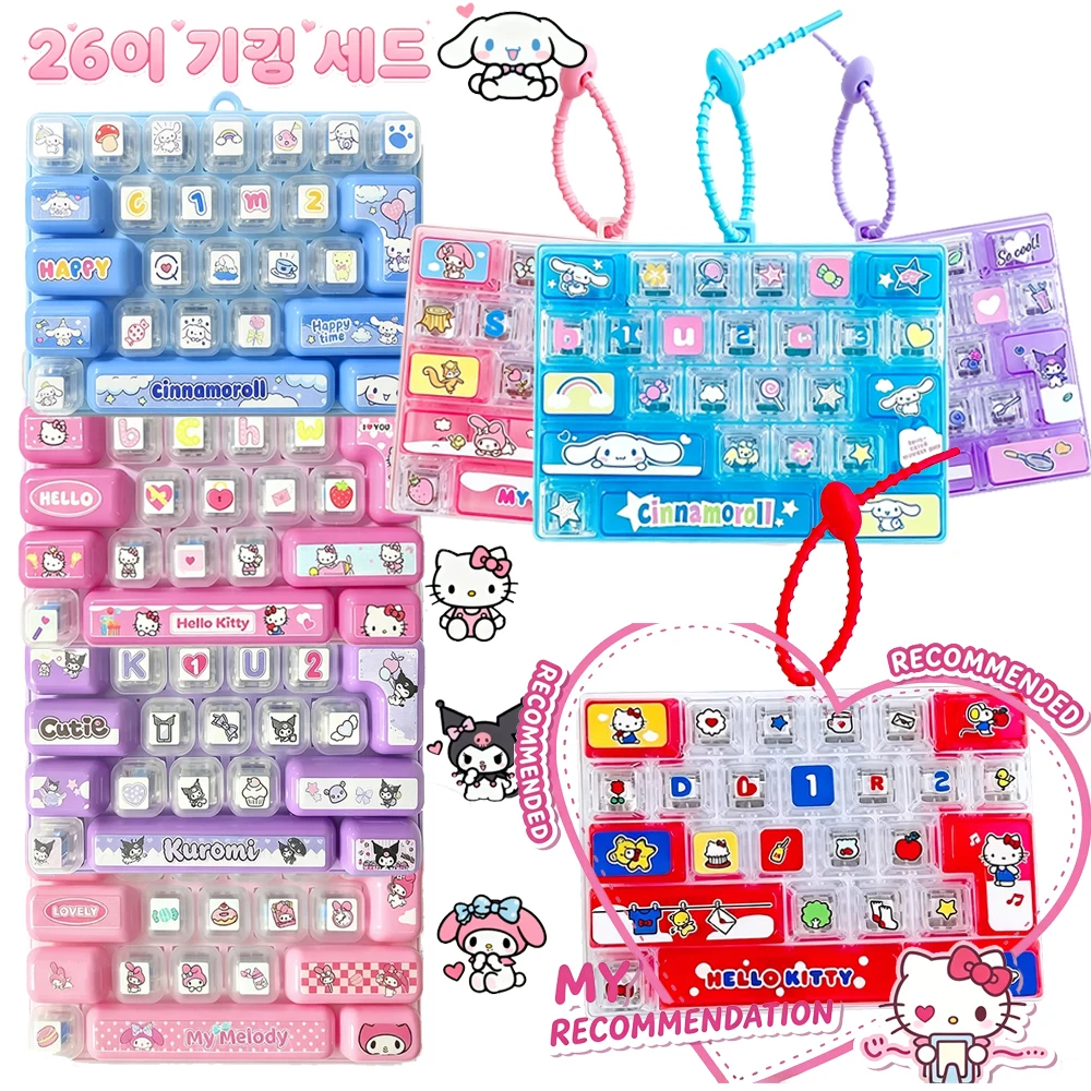 26구 키캡 키 Kawaii Sanrio 26-Key Fidget Keyboard Keychain Hello Kitty Kuromi My Melody Cinnamoroll Keycap Stress Relief Bag Charm