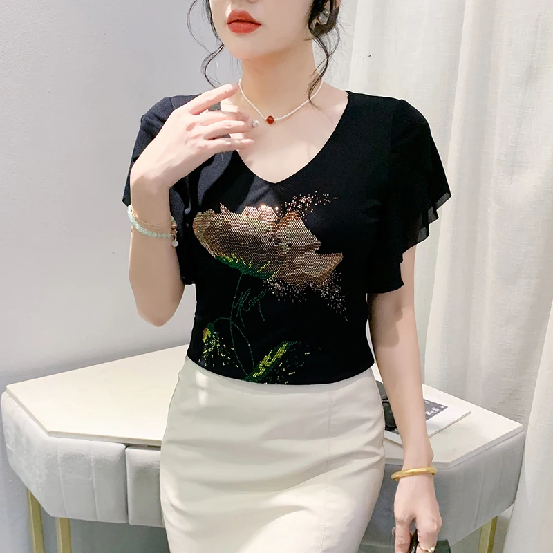 2024 Summer New Original Heavy Industry Double Layer Mesh Tops Ruffle Short Sleeve Fashion Diamond Fashion Women Mesh T-Shirt