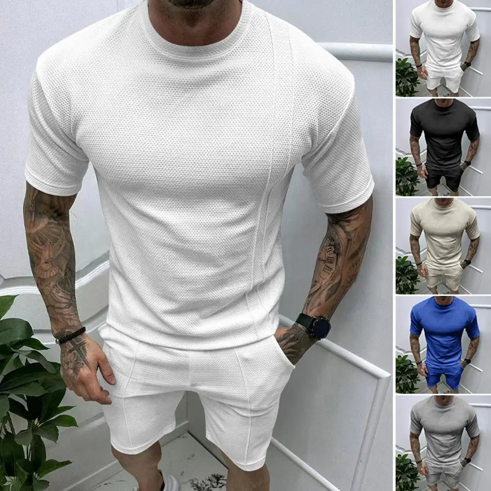 

2Pcs Cross Border Fast Sale Summer New Men's Pullover Crew Neck T-shirt Athleisure Top Men's Short Sleeve Shorts Suit Sportswear