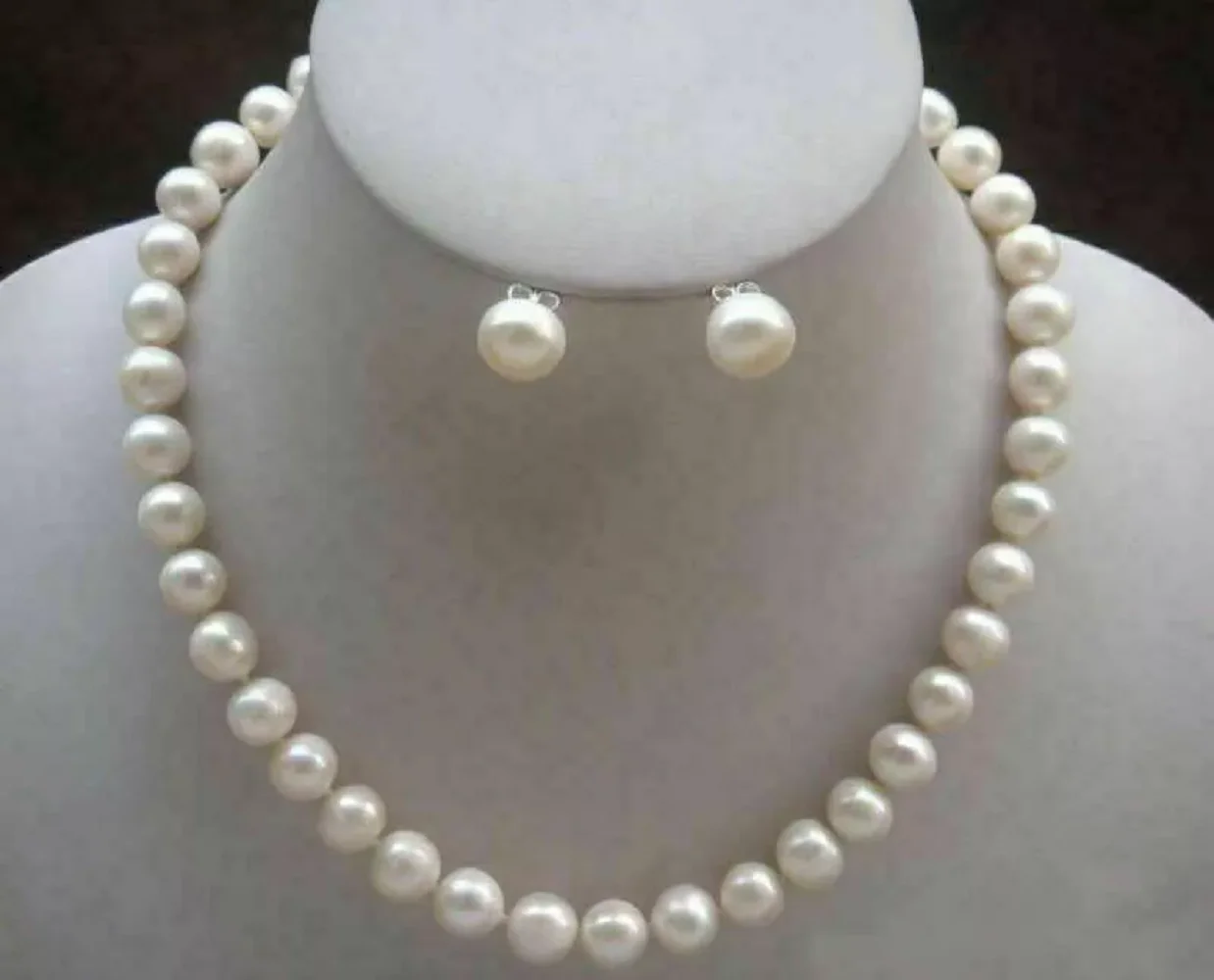 Perfect AAA+9-8mm natural white Japanese pearl necklace+earrings, with 14k gold buckle 16/36 inch