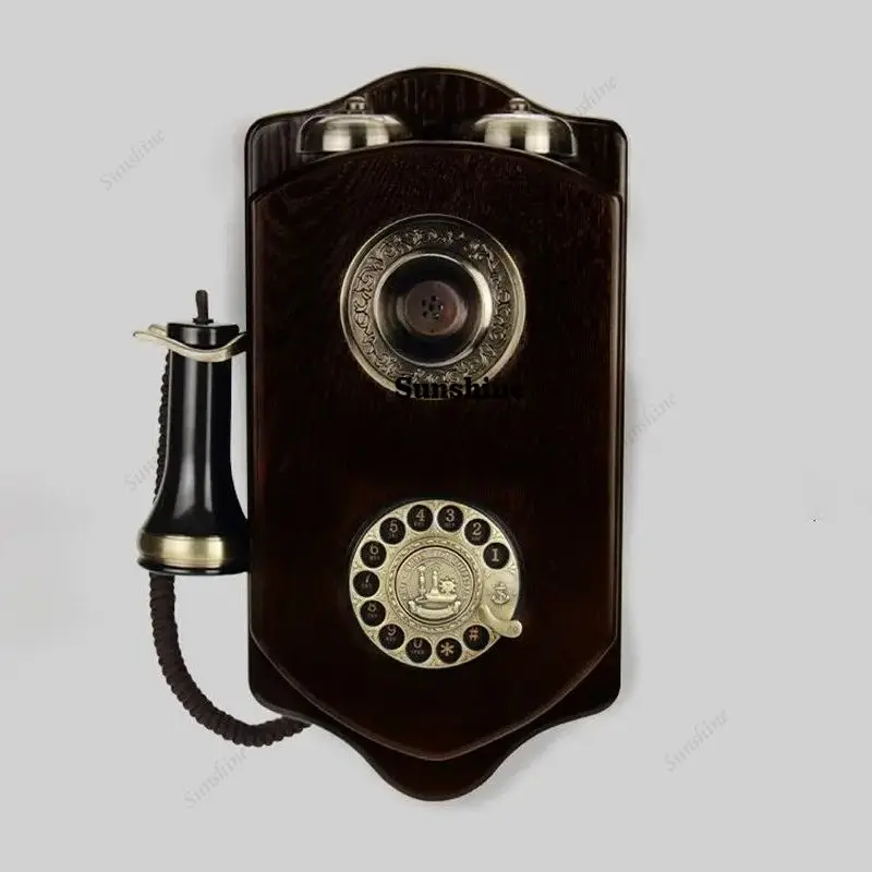 Vintage Antique Corded Wall Phone with Rotary Dial, Mechanical Ringtones, Redial, Wooden Decorative Telephone for Home Bar