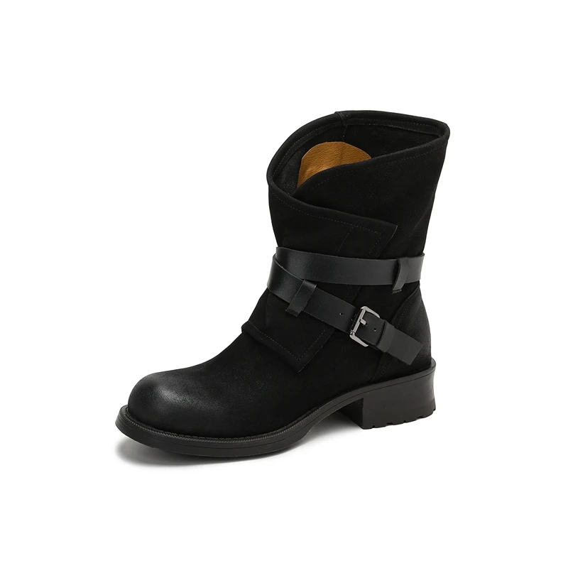 Autumn Winter British Style Retro Thick Heels Buckles Strap Genuine Leather Women Mid-Calf Half Motorcycle Boots Winter Plush