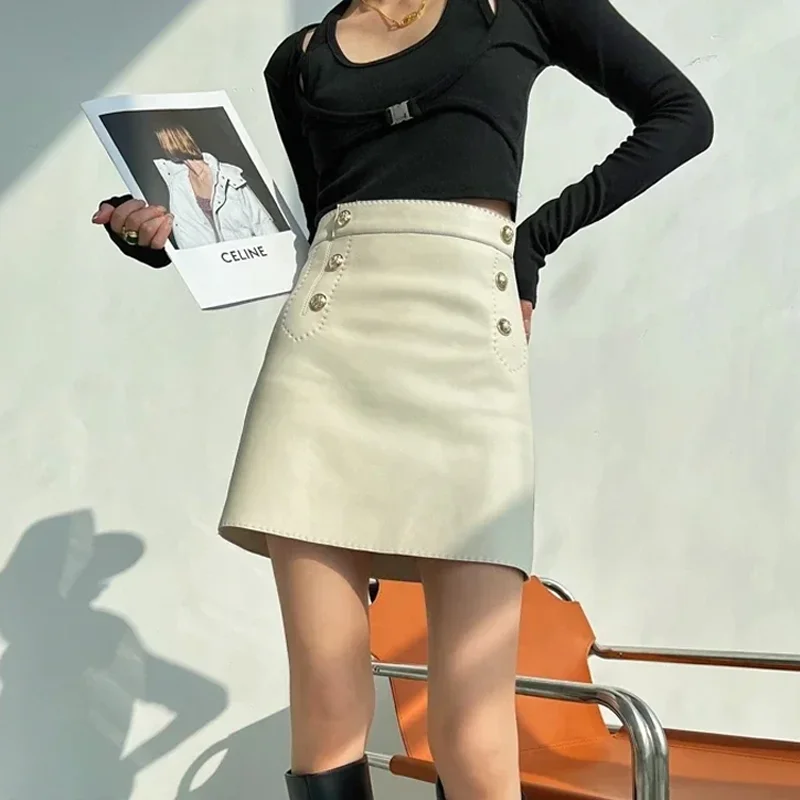 

Fashion Mini Skirts Women Handmade Arch Needle High Waist Wrap Leather Etek Khaki/White Double Breasted Metal Button Jupe
