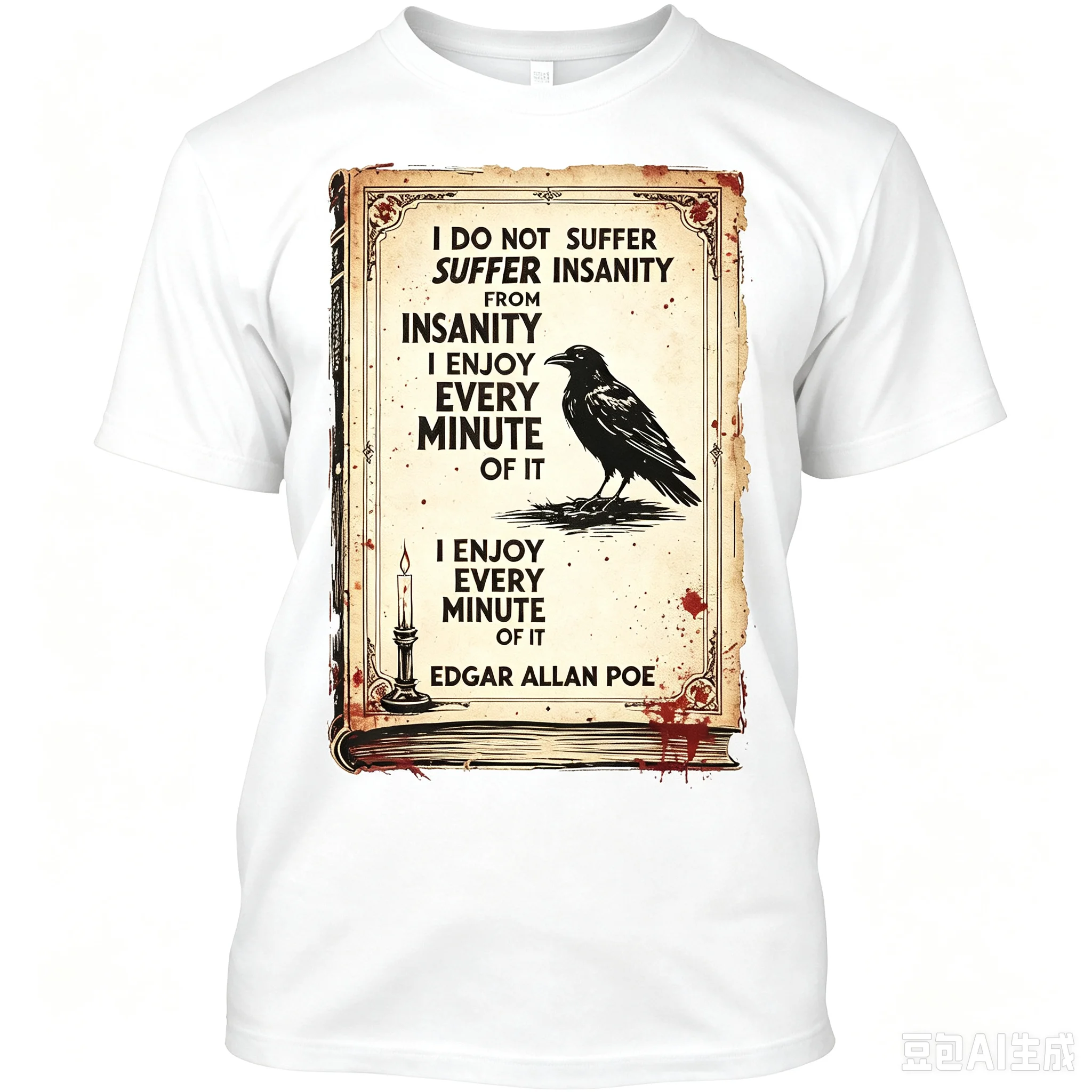 Vintage Gothic Book Art T‑Shirt For Men Edgar Allan Poe Quote Crow Distressed Graphic Loose Short Sleeve Streetwear Top