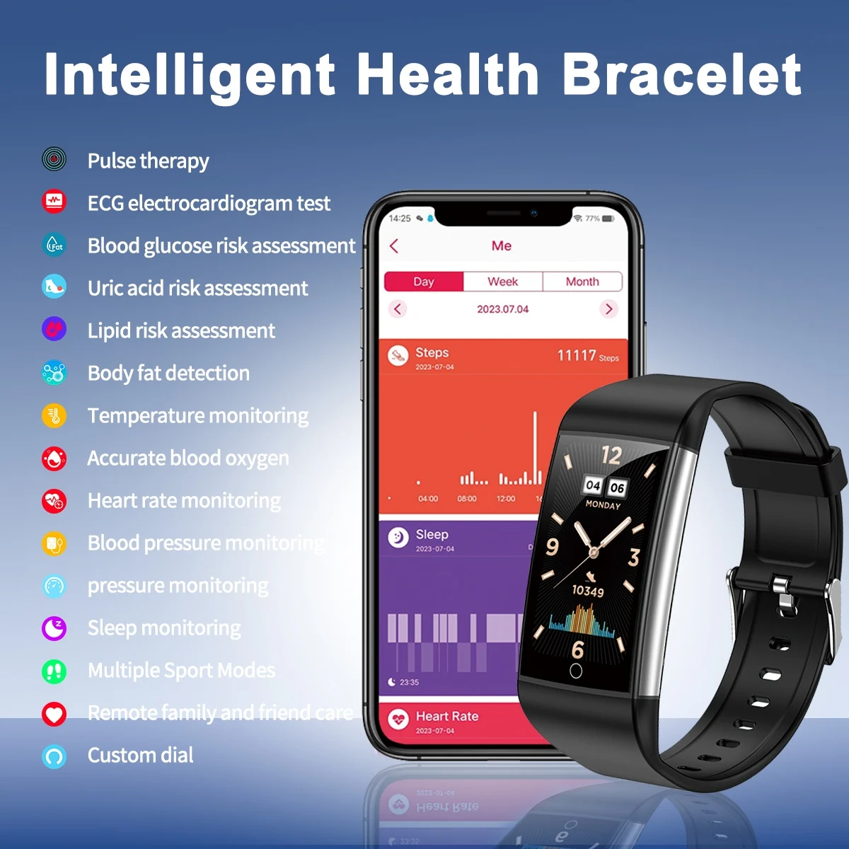 Pulseira Inteligente TK76 IP68 para Avaliação de Risco de Ácido Úrico e Lipídios, Detecção de Gordura Corporal, ECG, HRV, Relógio Eletrônico Inteligen
