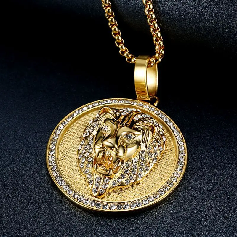 Collana con catene per colletto Hip Hop con ciondolo rotondo in zircone di lusso con testa di leone in titanio in acciaio inossidabile per uomo