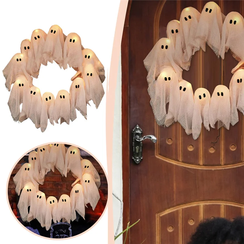 

Spooky Halloween Ghost Wreath for Front Door LED Light-Up Glowing White Ghost Garland For Door Wall Window Yard Party Holiday