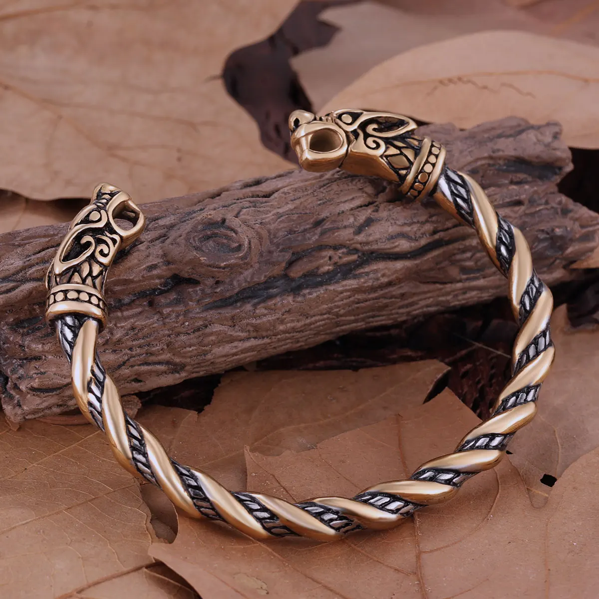 Stainless Steel Vikings Wolf Head Twist Cable Bangle Men's Vintage Mixed Gold Color Punk Hip Hop Biker Jewelry Gift