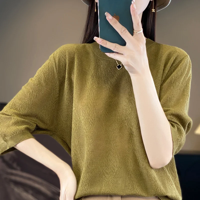 Round Neck Imitation Wool Half Sleeved Women's New Summer Thin Solid Color Fashionable Basic Style Pullover Knitted T-Shirt Top