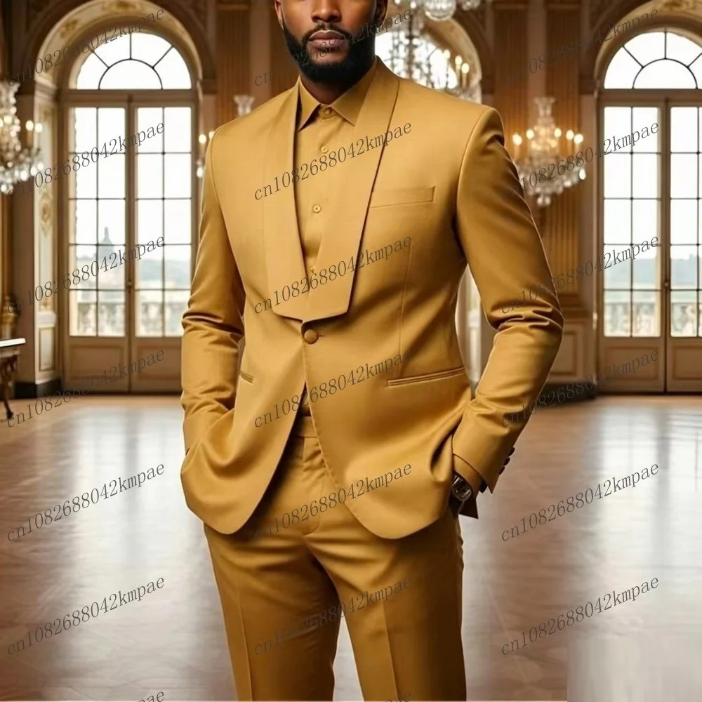 New Gold Men Suit Formal Occasion Groom Groomsman Wedding Party Prom Male Business Tuxedos 2 Piece Blazer Pants