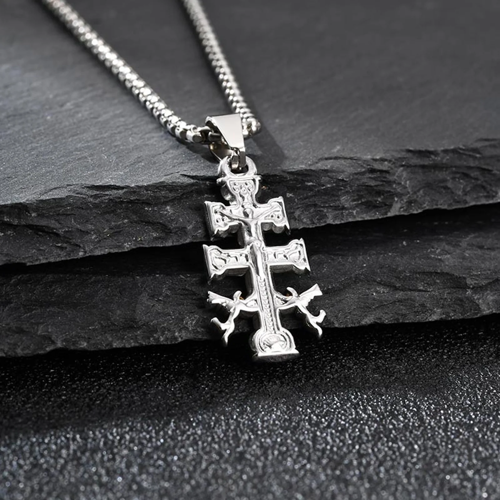 Orthodoxe Russische Kreuz-Halskette für Männer, Silberfarbener Edelstahl-Kreuzanhänger, Glaubens- und Gebetsschmuck – Detail 5