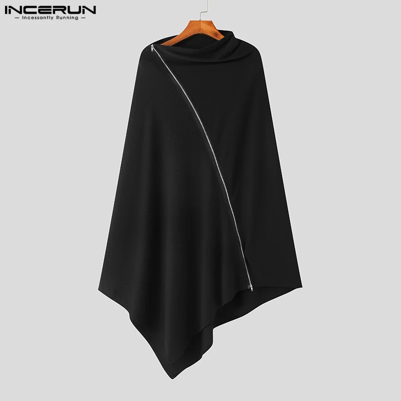 INCERUN Men Cloak Coats Solid Color Turtleneck Zipper Streetwear 2024 Irregular Ponchos Fashion Casual Men Long Trench S-5XL