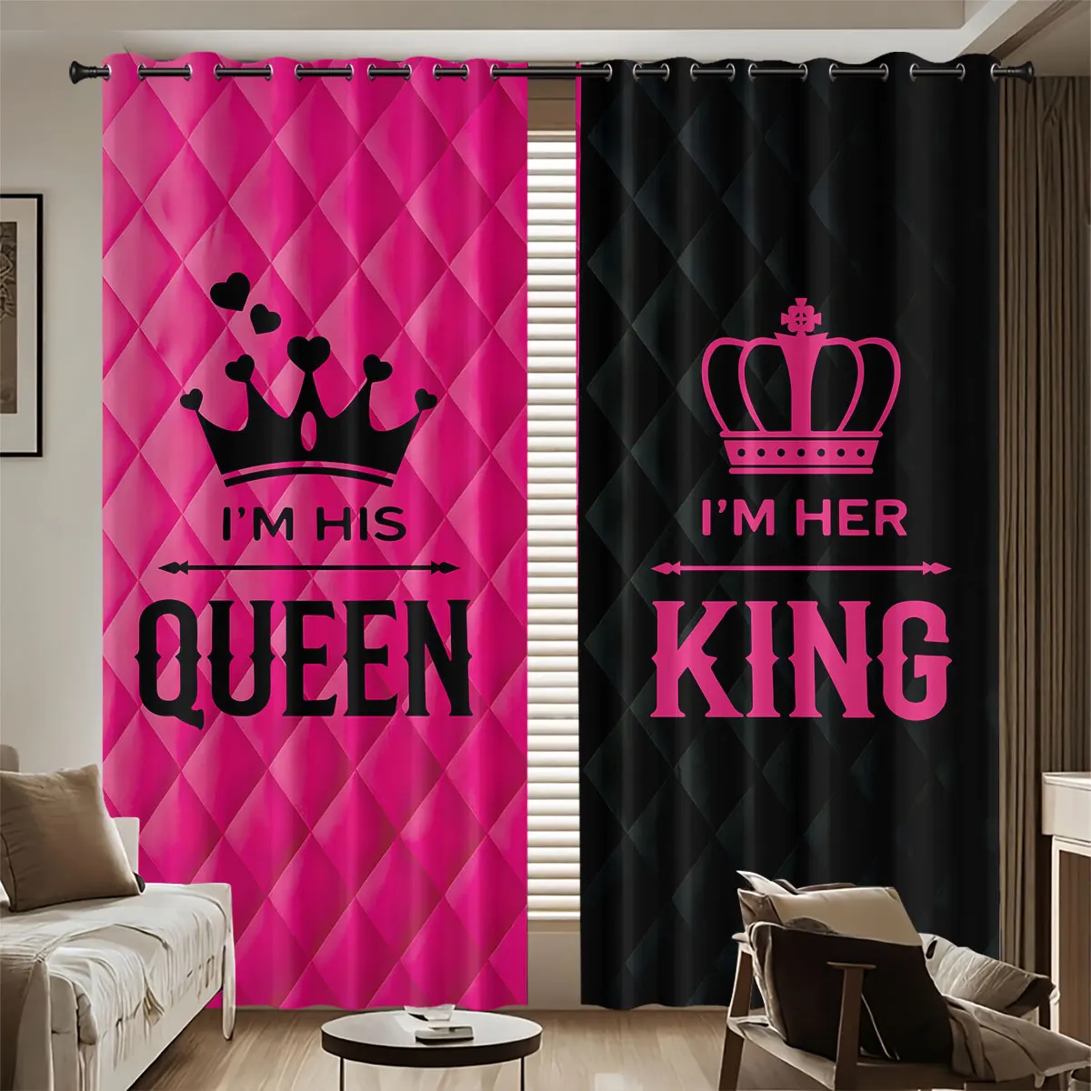2 Stück rot-schwarze, kontrastierende, perforierte Verdunkelungsvorhänge mit Queen-King-Print, verschiedene Größen, Wohnzimmer-Isolierung, Dekoration
