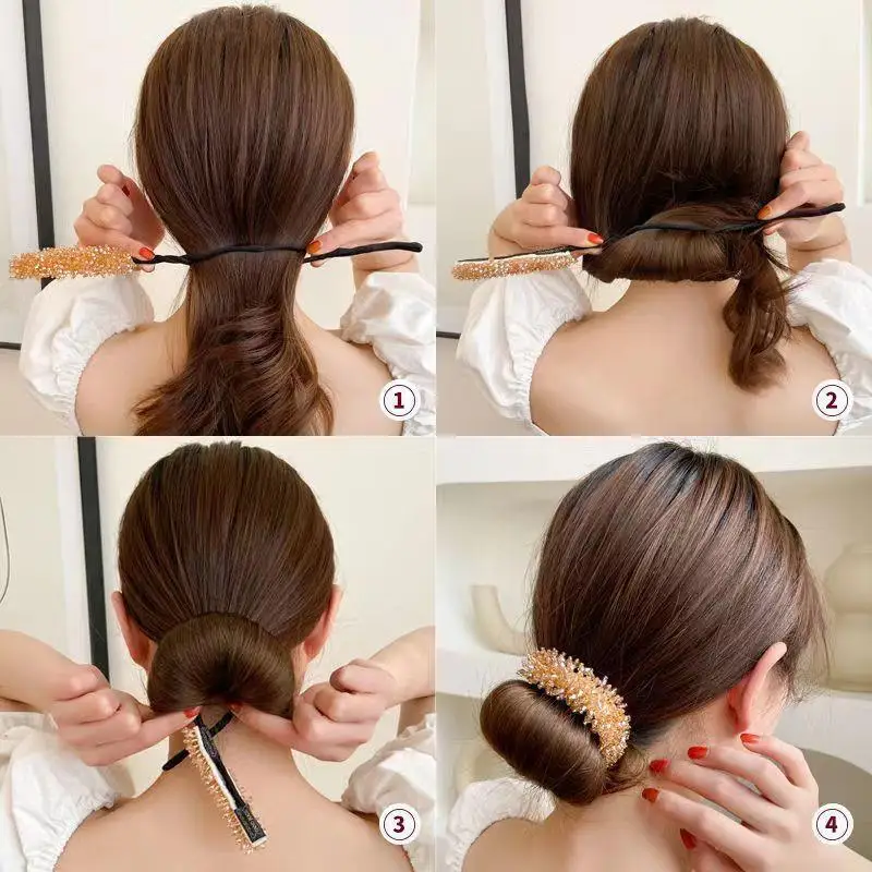 1pcs Women Flower Donut Bun Maker Crystal Ribbon DIY Hair Style Tools Korean Fashion Hair Curler Accessories Gift for Girlfriend