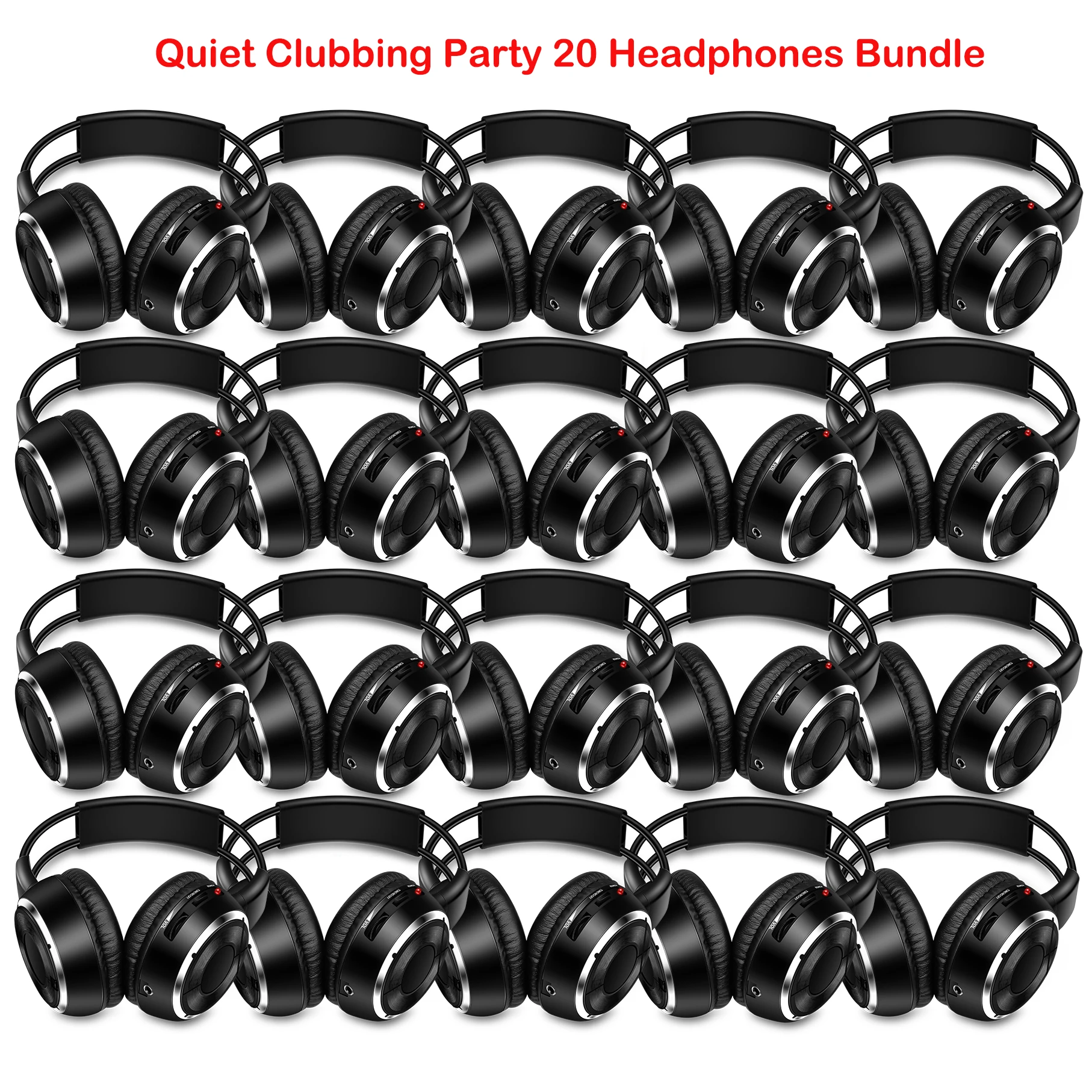 

Silent Disco Compete System Black Folding Wireless Headphones - Quiet Clubbing Party Bundle (20 Headsets + 200 Mtr Transmitters)