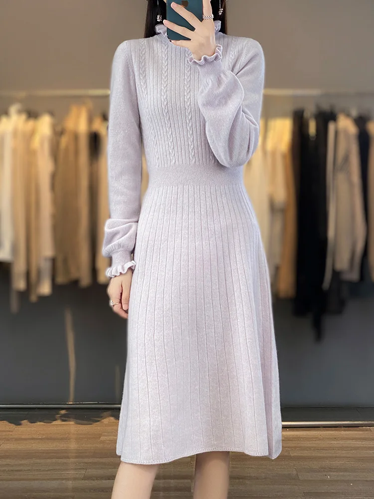 100% ميرينو الصوف المرأة البلوز فستان مع الفطريات طوق الخريف الشتاء موضة عادية محبوك الكشمير تنورة طويلة