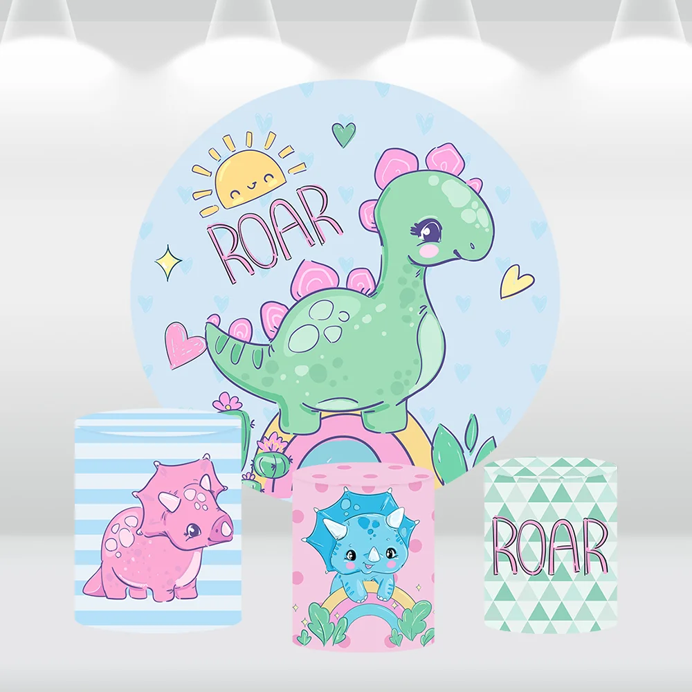 Cute Cartoon Dinosaur Round Backdop for Kids Baby Shower Decoration Roar 1st Birthday Circle Photo Background Cake Table Banner