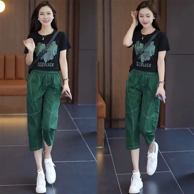 Women\'s Casual Suit 2023 Summer New Loose Fashion Meat Covered Round Neck T-shirt Harun Capri Pants 2 Two Piece Set For Women