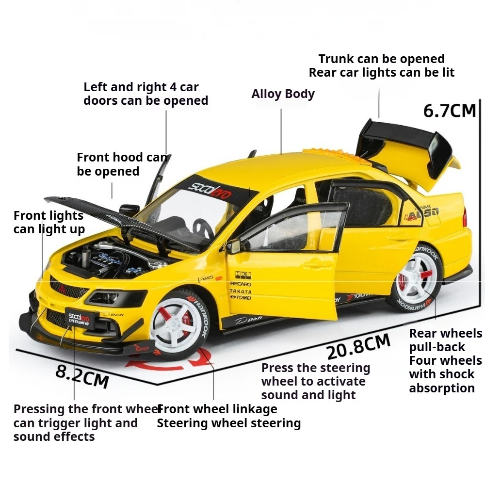 1:24 Alloy GTR-R34 EVO9 Models Cars Diecast Toys Doors Opened Miniature Supercar Wheels Turned Vehicles for Kids' Edutainment