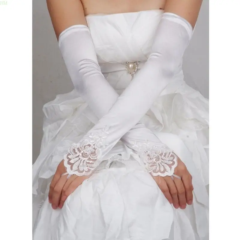 

Ladies Sweet Embroidery Floral Lace Long Gloves Sheer Mesh Elbow Length Bridal Wedding Prom Sunscreen Fingerless Mitten NM